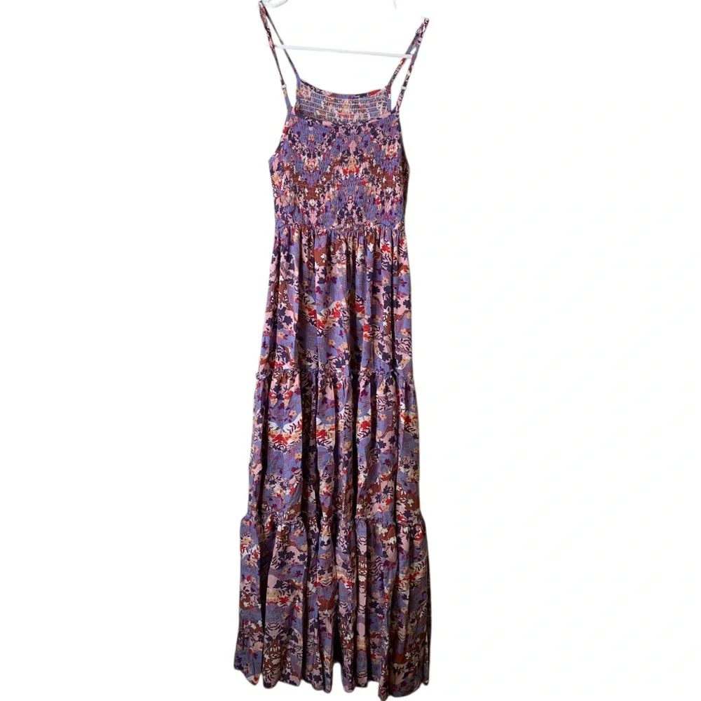 Abel The Label Floral Smocked Tiered Maxi Dress Small Flowy Boho Prairie Festive - Picture 2 of 7